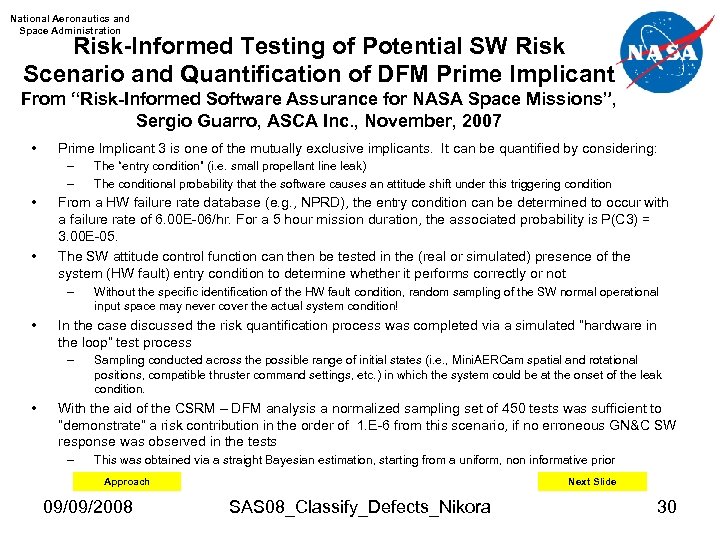 National Aeronautics and Space Administration Risk-Informed Testing of Potential SW Risk Scenario and Quantification