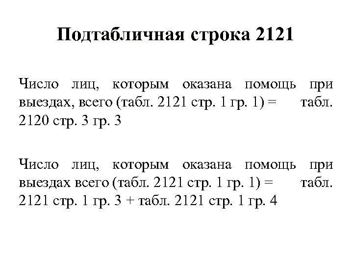 Подтабличная строка 2121 Число лиц, которым оказана помощь при выездах, всего (табл. 2121 стр.