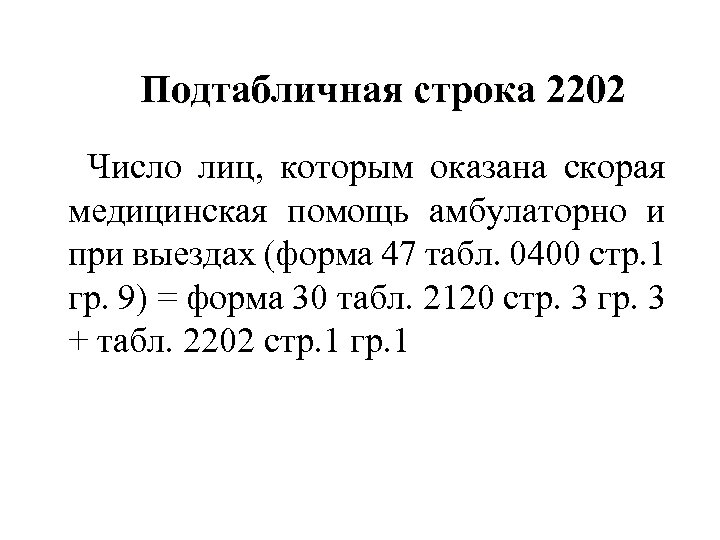 Подтабличная строка 2202 Число лиц, которым оказана скорая медицинская помощь амбулаторно и при выездах