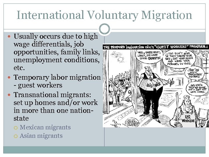 International Voluntary Migration Usually occurs due to high wage differentials, job opportunities, family links,