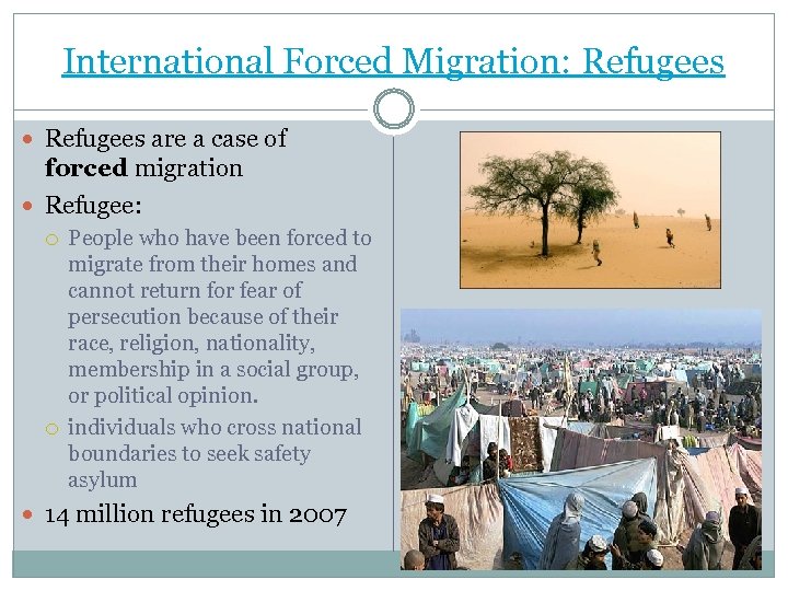 International Forced Migration: Refugees are a case of forced migration Refugee: People who have