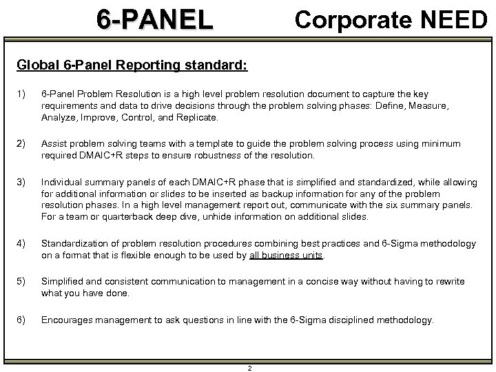 6 -PANEL Corporate NEED Global 6 -Panel Reporting standard: 1) 6 -Panel Problem Resolution