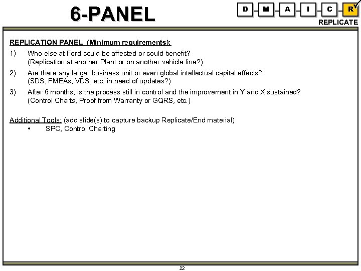 6 -PANEL D M A I C R REPLICATE REPLICATION PANEL (Minimum requirements): 1)