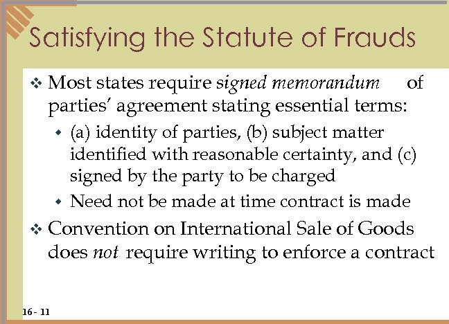 Satisfying the Statute of Frauds v Most states require signed memorandum of parties’ agreement