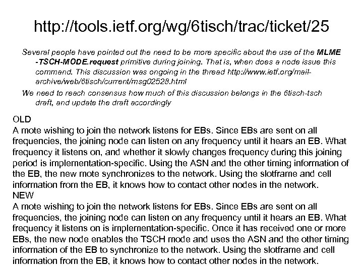 http: //tools. ietf. org/wg/6 tisch/trac/ticket/25 Several people have pointed out the need to be