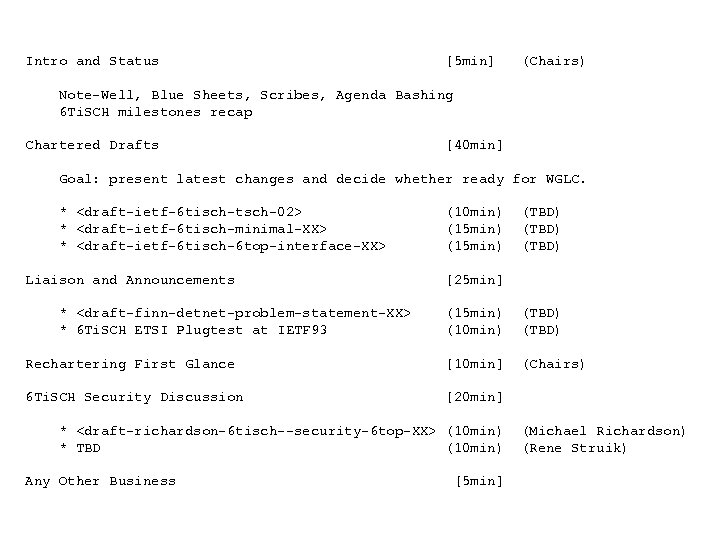 Intro and Status [5 min] (Chairs) Note-Well, Blue Sheets, Scribes, Agenda Bashing 6 Ti.