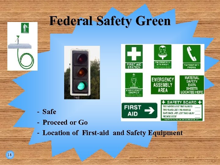 Federal Safety Green 18 Safe Proceed or Go Location of First-aid and Safety Equipment