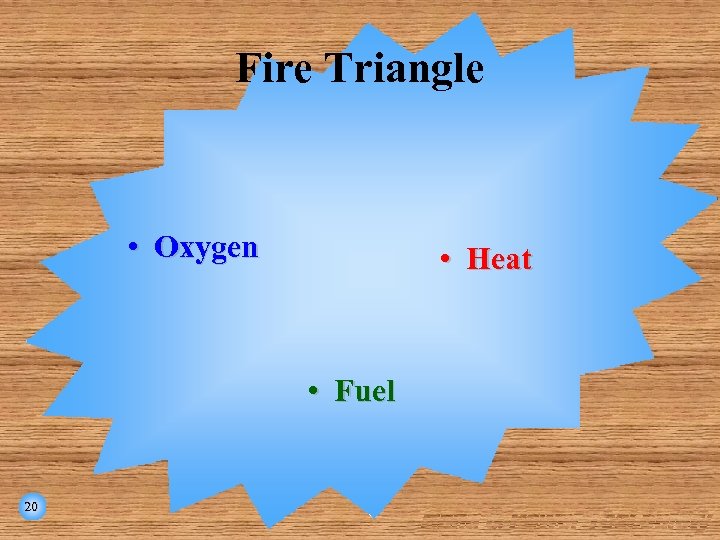 Fire Triangle • Oxygen • Heat • Fuel 20 