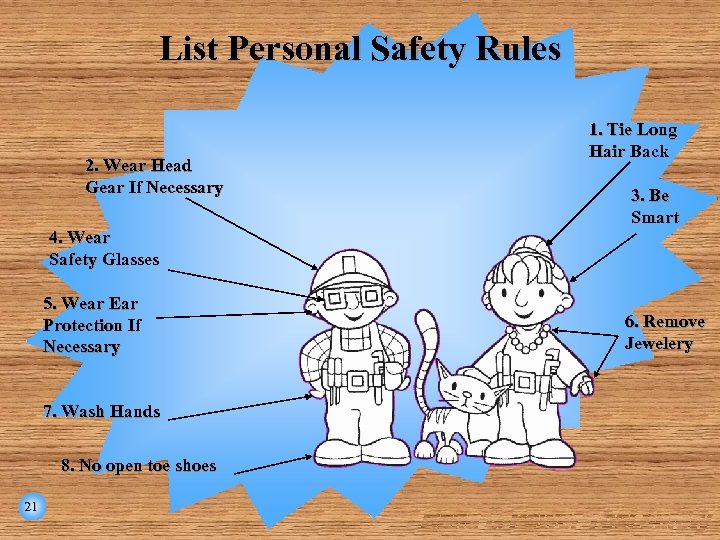 List Personal Safety Rules 2. Wear Head Gear If Necessary 4. Wear Safety Glasses