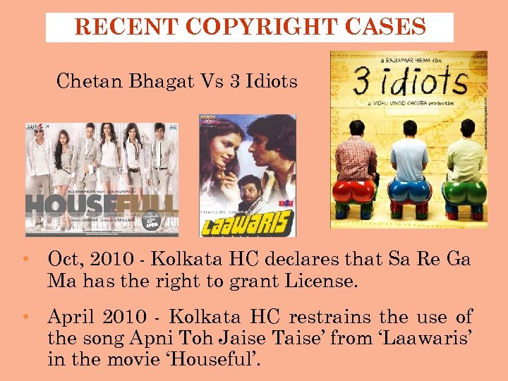 RECENT COPYRIGHT CASES Chetan Bhagat Vs 3 Idiots • Oct, 2010 - Kolkata HC