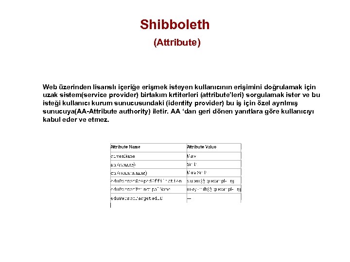 Shibboleth (Attribute) Web üzerinden lisanslı içeriğe erişmek isteyen kullanıcının erişimini doğrulamak için uzak sistem(service