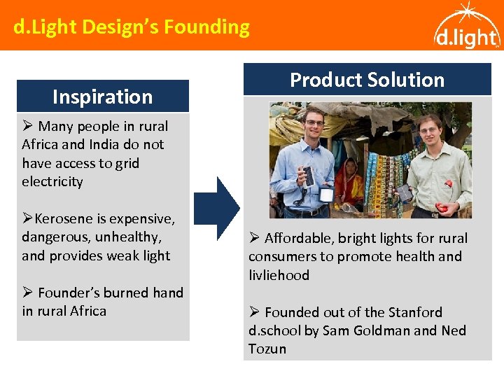 d. Light Design’s Founding Inspiration Product Solution Ø Many people in rural Africa and