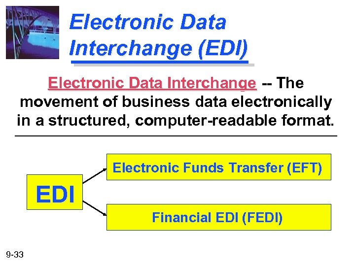 Electronic Data Interchange (EDI) Electronic Data Interchange -- The movement of business data electronically