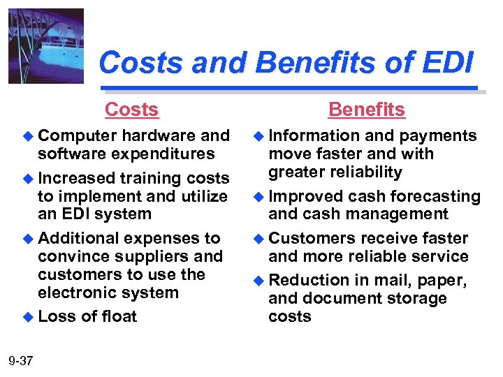 Costs and Benefits of EDI Costs u Computer hardware and software expenditures u Increased