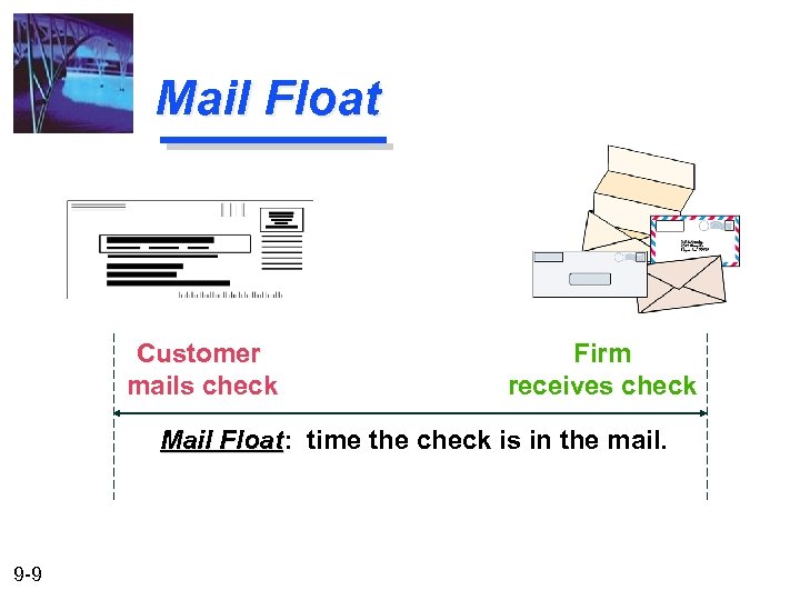 Mail Float Customer mails check Firm receives check Mail Float: time the check is