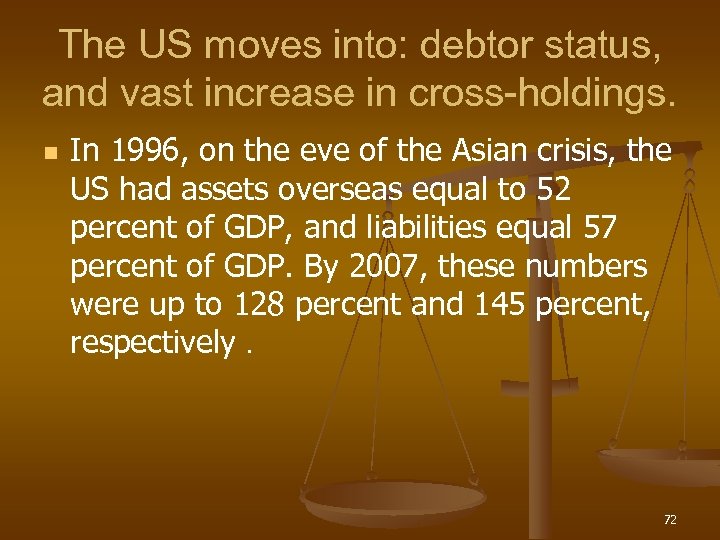 The US moves into: debtor status, and vast increase in cross-holdings. n In 1996,