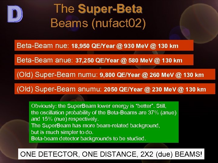 The Super-Beta Beams (nufact 02) Beta-Beam nue: 18, 950 QE/Year @ 930 Me. V