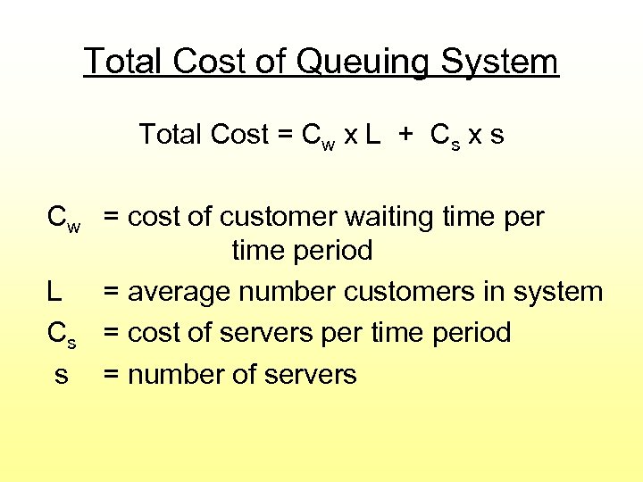 Total Cost of Queuing System Total Cost = Cw x L + Cs x