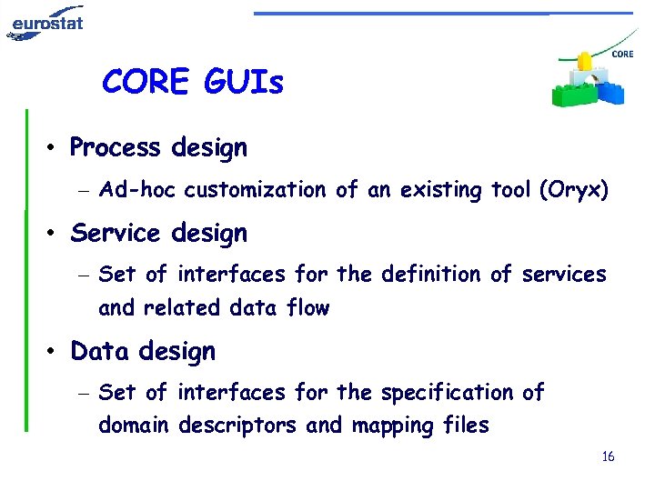 CORE GUIs • Process design – Ad-hoc customization of an existing tool (Oryx) •