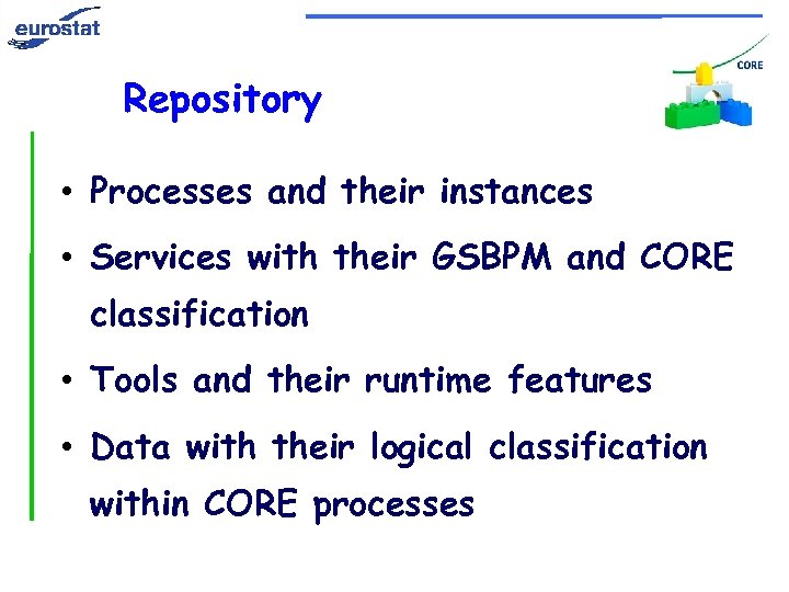 Repository • Processes and their instances • Services with their GSBPM and CORE classification