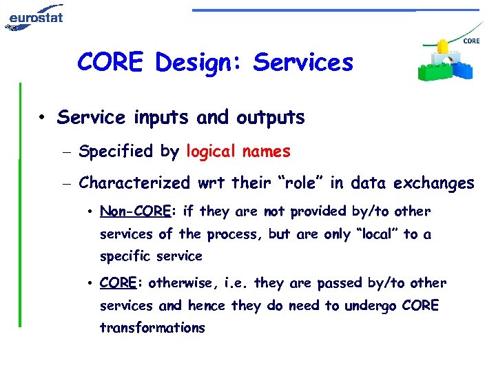 CORE Design: Services • Service inputs and outputs – Specified by logical names –