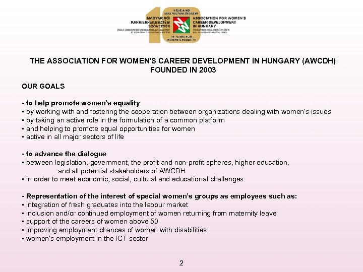 THE ASSOCIATION FOR WOMEN'S CAREER DEVELOPMENT IN HUNGARY (AWCDH) FOUNDED IN 2003 OUR GOALS