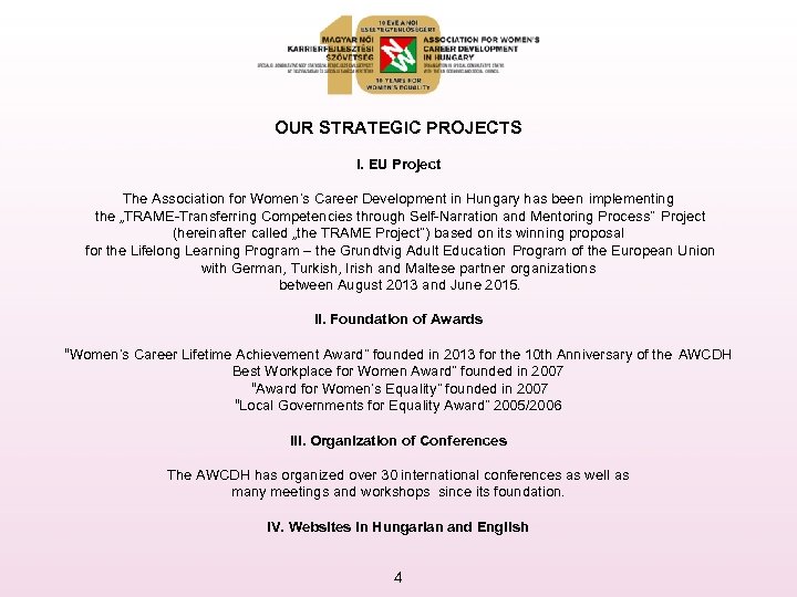 OUR STRATEGIC PROJECTS I. EU Project The Association for Women’s Career Development in Hungary