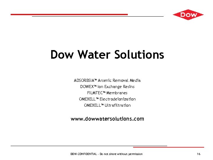 Dow Water Solutions ADSORBSIA™ Arsenic Removal Media DOWEX™ Ion Exchange Resins FILMTEC™ Membranes OMEXELL™