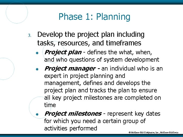 Phase 1: Planning 3. Develop the project plan including tasks, resources, and timeframes Project
