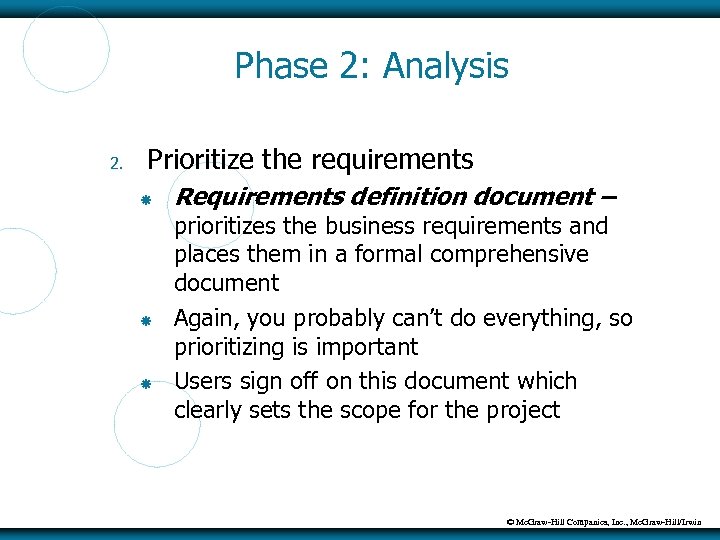 Phase 2: Analysis 2. Prioritize the requirements Requirements definition document – prioritizes the business