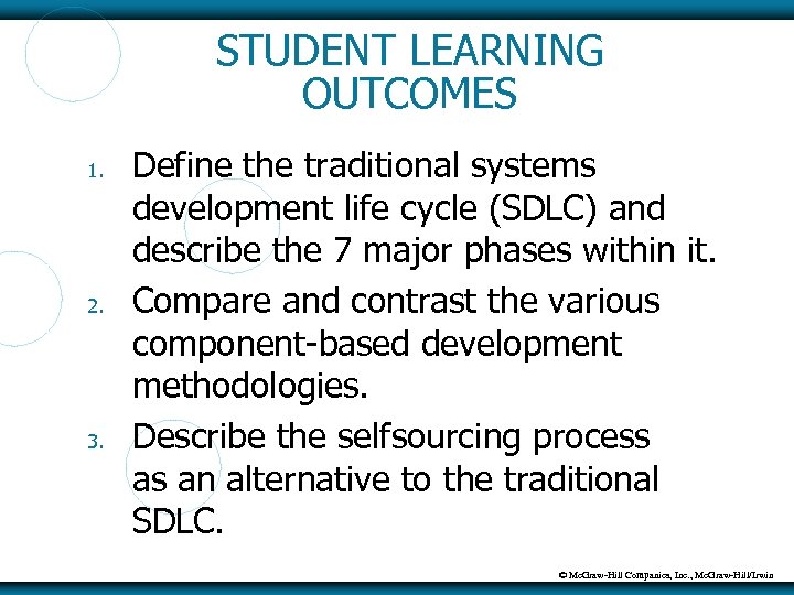 STUDENT LEARNING OUTCOMES 1. 2. 3. Define the traditional systems development life cycle (SDLC)