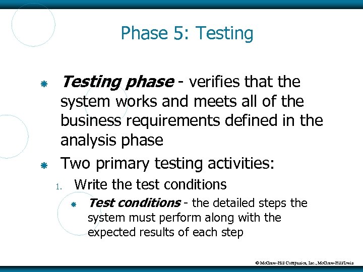 Phase 5: Testing phase - verifies that the system works and meets all of