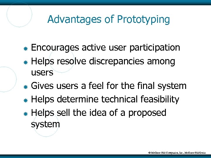Advantages of Prototyping Encourages active user participation Helps resolve discrepancies among users Gives users