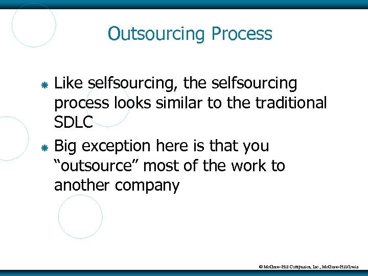 Outsourcing Process Like selfsourcing, the selfsourcing process looks similar to the traditional SDLC Big