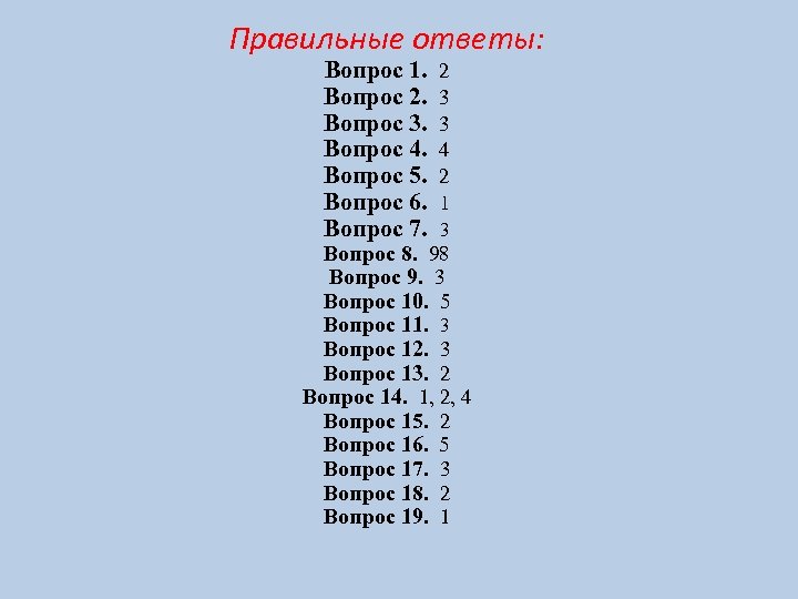 Правильные ответы: Вопрос 1. Вопрос 2. Вопрос 3. Вопрос 4. Вопрос 5. Вопрос 6.