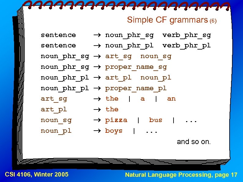 Simple CF grammars (6) sentence noun_phr_sg noun_phr_pl art_sg art_pl noun_sg noun_pl noun_phr_sg verb_phr_sg noun_phr_pl