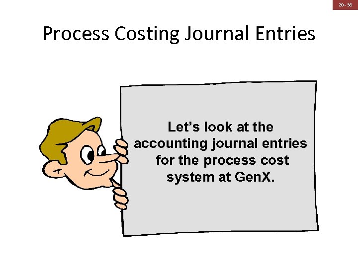 20 - 36 Process Costing Journal Entries Let’s look at the accounting journal entries