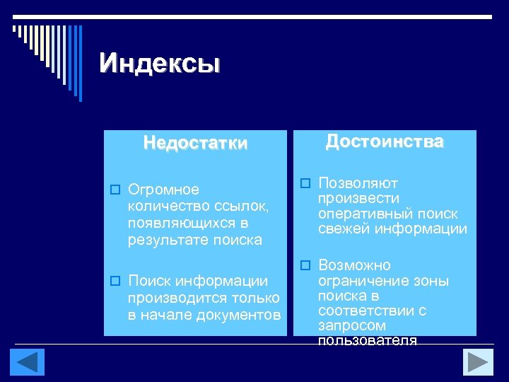 Индексы Недостатки o Огромное количество ссылок, появляющихся в результате поиска o Поиск информации производится