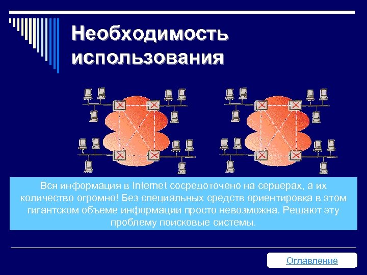 Необходимость использования Вся информация в Internet сосредоточено на серверах, а их количество огромно! Без