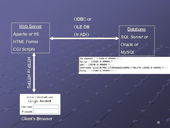 ODBC or Web Server Apache or IIS HTML Forms CGI Scripts OLE DB Or