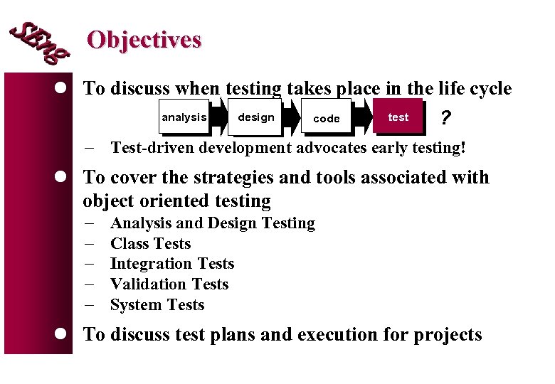 Objectives l To discuss when testing takes place in the life cycle analysis design