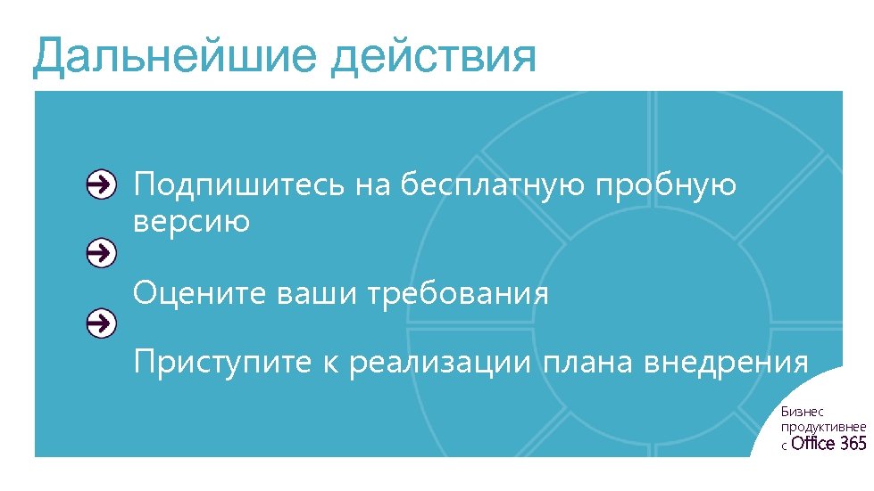 Дальнейшие действия Подпишитесь на бесплатную пробную версию Оцените ваши требования Приступите к реализации плана