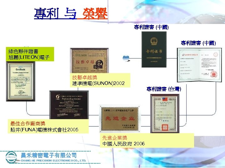 專利 与 榮譽 專利證書 (中國) 綠色夥伴證書 旭麗(LITEON)電子 技藝卓越獎 建準機電(SUNON)2002 專利證書 (台灣) 最佳合作廠商獎 船井(FUNA)電機株式會社 2005