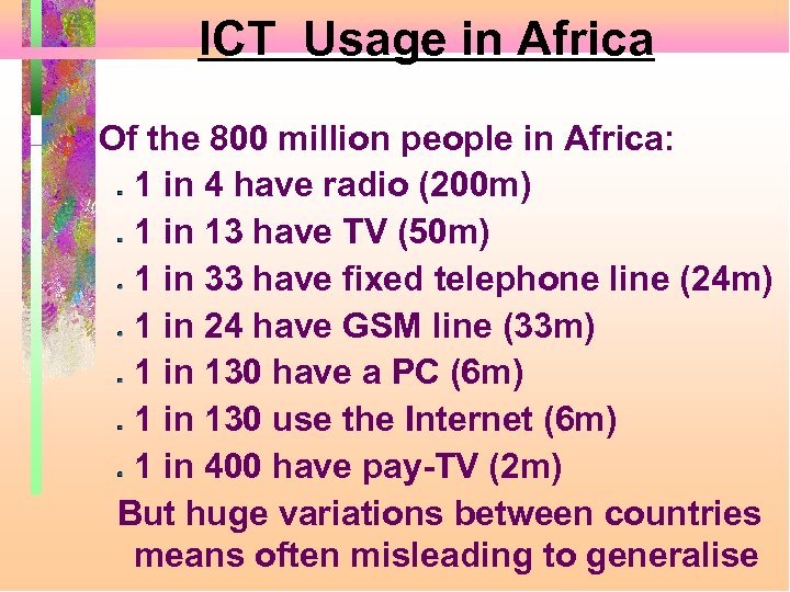ICT Usage in Africa Of the 800 million people in Africa: 1 in 4