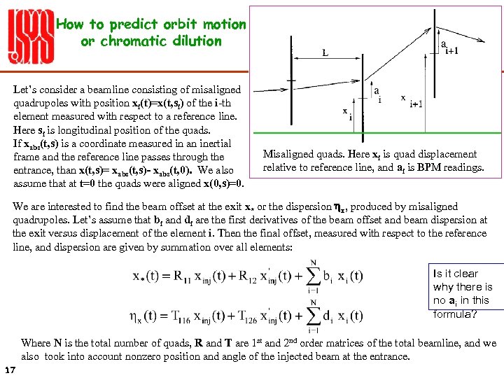 How to predict orbit motion or chromatic dilution Let’s consider a beamline consisting of