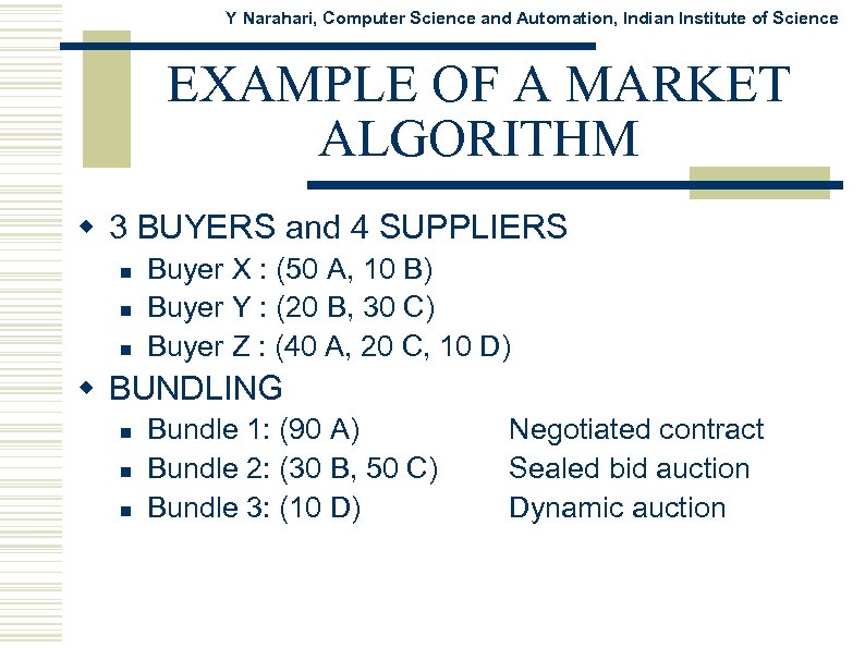 Y Narahari, Computer Science and Automation, Indian Institute of Science EXAMPLE OF A MARKET