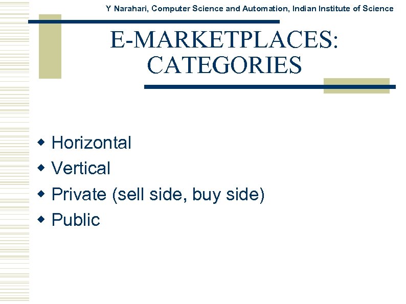 Y Narahari, Computer Science and Automation, Indian Institute of Science E-MARKETPLACES: CATEGORIES w Horizontal