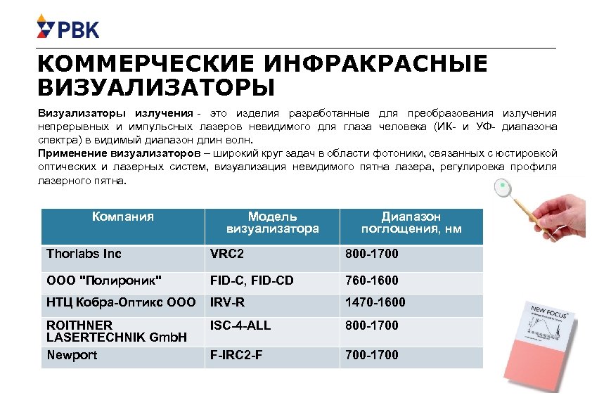 КОММЕРЧЕСКИЕ ИНФРАКРАСНЫЕ ВИЗУАЛИЗАТОРЫ Визуализаторы излучения - это изделия разработанные для преобразования излучения непрерывных и
