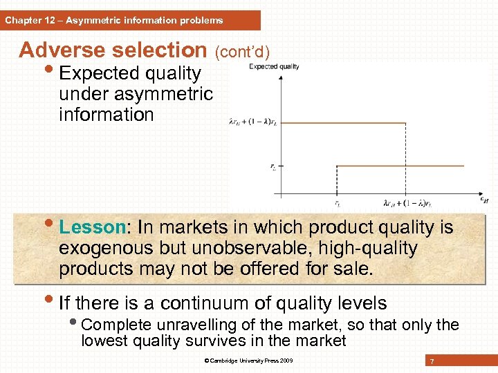 Chapter 12 – Asymmetric information problems Adverse selection (cont’d) • Expected quality under asymmetric