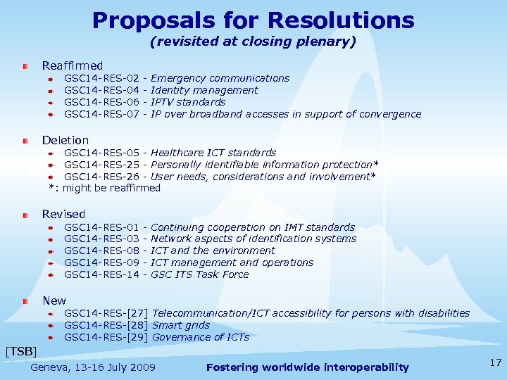 Proposals for Resolutions (revisited at closing plenary) Reaffirmed GSC 14 -RES-02 - Emergency communications